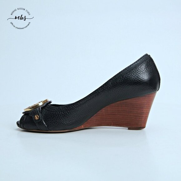 Tory Burch Letitia Leather Peep Toe Wedge Black Gold Women 6.5 - Picture 7 of 13